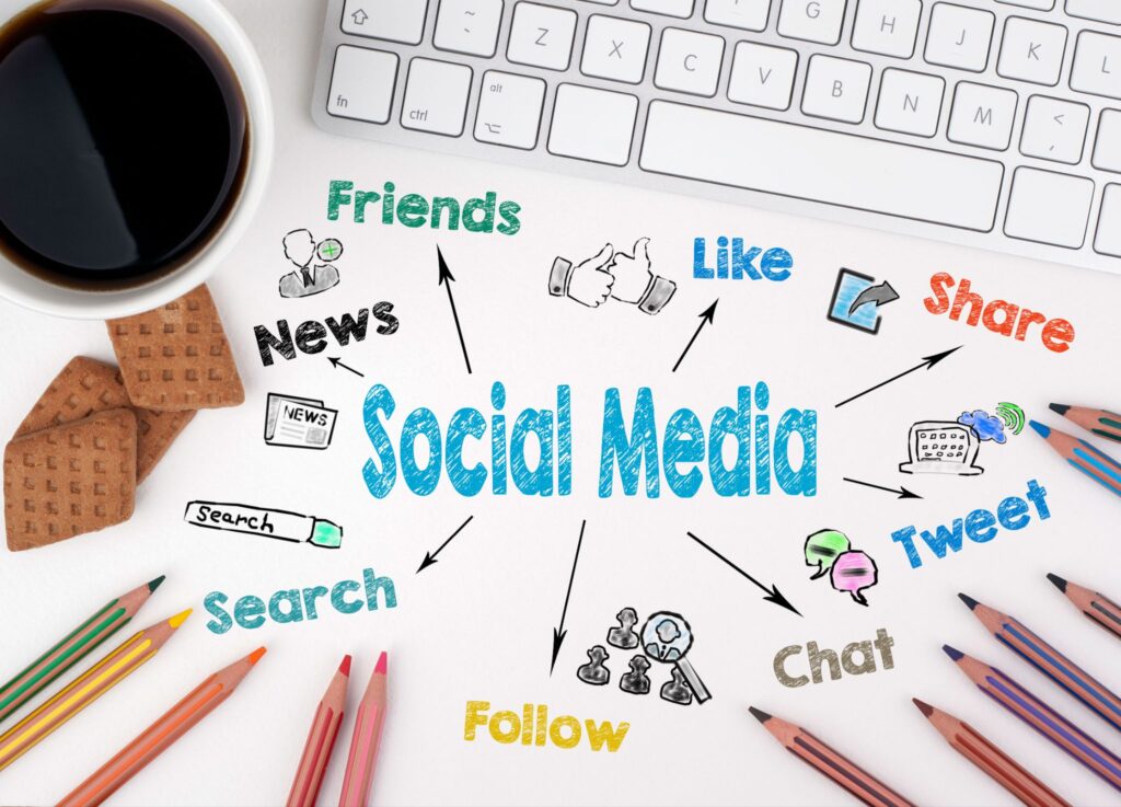 Social Media, Business concept. White office desk.